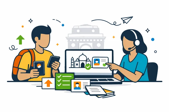 Flat or semi-flat vector illustration, clean lines, modern tech feel, light isometric 2D scene. Abstract faceless traveler and calm support specialist reviewing a one-year India tourist eVisa service path on a laptop and smartphone, passport, checklist cards, upload icons and neatly arranged documents visible. Deep blue and turquoise primary palette with India accent colors saffron, green and subtle gold. Calm, organized, efficient, safe atmosphere. Minimal white and light grey background with a faint India Gate silhouette. No text, no logos, not photorealistic, no watermark.