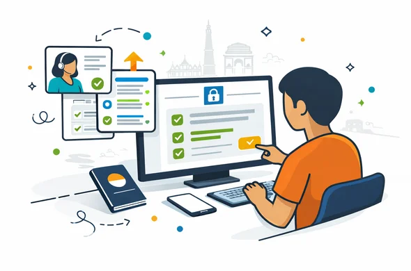 Flat or semi-flat vector illustration, clean lines, modern tech feel, isometric online process scene. Abstract faceless traveler submitting an India one-year tourist eVisa request through a secure digital form with support guidance cards, checklist progress steps, passport and phone nearby. Deep blue and turquoise primary palette with India accent colors saffron, green and subtle gold. Calm, organized, efficient, safe atmosphere. Minimal white and light grey background with a faint skyline and India travel landmark outline. No text, no logos, not photorealistic, no watermark.