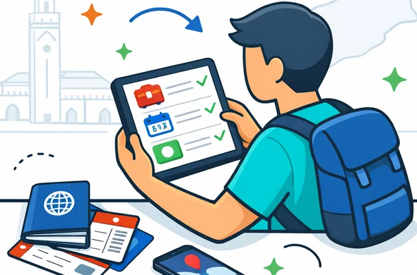 Flat or semi-flat vector illustration, clean lines, modern tech feel, isometric 2D scene of an abstract faceless traveler comparing passport, travel purpose, and trip duration on a tablet before a Morocco trip. Include checklist cards, passport, boarding pass, and phone. Deep blue and turquoise primary palette with Morocco accent colors red and green. Calm, organized, efficient, safe atmosphere. Minimalist white and light grey background with a faint outline of Hassan II Mosque and a subtle Morocco map shape. No text, no logos, not photorealistic. Flat or semi-flat vector illustration, clean lines, modern tech feel, isometric 2D scene of an abstract faceless traveler comparing passport, travel purpose, and trip duration on a tablet before a Morocco trip. Include checklist cards, passport, boarding pass, and phone. Deep blue and turquoise primary palette with Morocco accent colors red and green. Calm, organized, efficient, safe atmosphere. Minimalist white and light grey background with a faint outline of Hassan II Mosque and a subtle Morocco map shape. No text, no logos, not photorealistic.