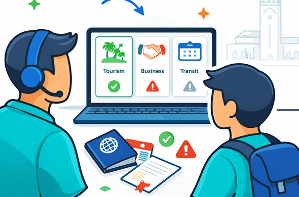 Flat or semi-flat vector illustration, clean lines, modern tech feel, isometric service decision scene. Abstract faceless support specialist and traveler reviewing Morocco travel purpose options such as tourism, business, and transit on a laptop dashboard. Include passport, invitation letter, travel calendar, and approval/warning icons. Deep blue and turquoise primary palette with Morocco accent colors red and green. Calm, organized, efficient, safe atmosphere. Minimalist white and light grey background with a faint Casablanca skyline silhouette. No text, no logos, not photorealistic. Flat or semi-flat vector illustration, clean lines, modern tech feel, isometric service decision scene. Abstract faceless support specialist and traveler reviewing Morocco travel purpose options such as tourism, business, and transit on a laptop dashboard. Include passport, invitation letter, travel calendar, and approval/warning icons. Deep blue and turquoise primary palette with Morocco accent colors red and green. Calm, organized, efficient, safe atmosphere. Minimalist white and light grey background with a faint Casablanca skyline silhouette. No text, no logos, not photorealistic.