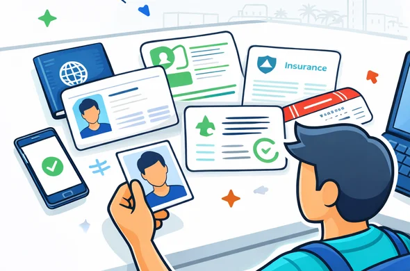 Flat or semi-flat vector illustration, clean lines, modern tech feel, 2D organized document preparation scene for a Morocco trip. Abstract faceless traveler arranging passport scan, biometric photo, residence card, insurance paper, and return ticket on a clean desk with phone and laptop. Deep blue and turquoise primary palette with Morocco accent colors red and green. Calm, organized, efficient, safe atmosphere. Minimalist white and light grey background with a faint outline of Marrakech rooftops. No text, no logos, not photorealistic. Flat or semi-flat vector illustration, clean lines, modern tech feel, 2D organized document preparation scene for a Morocco trip. Abstract faceless traveler arranging passport scan, biometric photo, residence card, insurance paper, and return ticket on a clean desk with phone and laptop. Deep blue and turquoise primary palette with Morocco accent colors red and green. Calm, organized, efficient, safe atmosphere. Minimalist white and light grey background with a faint outline of Marrakech rooftops. No text, no logos, not photorealistic.