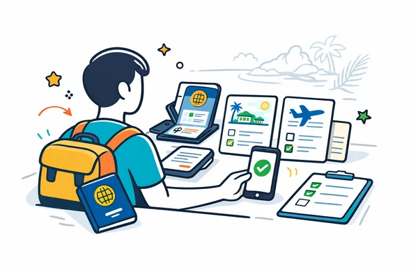 Flat or semi-flat vector illustration, clean lines, modern tech feel, isometric 2D scene of an abstract faceless traveler organizing Seychelles travel documents, passport scan, accommodation booking, airline reservation and phone verification on a clean desk, deep blue and turquoise primary palette with Seychelles accent colors coral red, tropical green and sandy gold, calm organized efficient safe atmosphere, minimalist white and light grey background with a faint island coastline and palm leaf silhouette, no text, no logos, not photorealistic