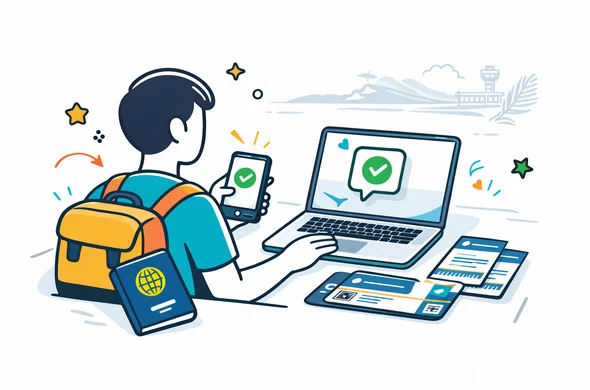 Flat or semi-flat vector illustration, clean lines, modern tech feel, isometric 2D scene of an abstract faceless traveler receiving Seychelles travel authorisation confirmation on smartphone and laptop, passport and boarding style documents neatly arranged, deep blue and turquoise primary palette with Seychelles accent colors coral red, tropical green and sandy gold, calm organized efficient safe atmosphere, minimalist white and light grey background with a faint airport and island horizon silhouette, no text, no logos, not photorealistic