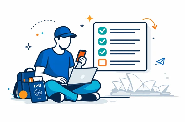 Flat or semi-flat vector illustration, modern travel-tech service scene for Australian eVisitor assistance, faceless abstract traveler sitting with laptop, passport and smartphone while a digital checklist floats on screen, subtle outline of Sydney Opera House in the background, Aid-Air brand deep blue and turquoise palette with warm gold Australian accent, clean lines, calm organized efficient and safe atmosphere, minimalist white and light grey background, 2D with slight isometric feel, not photorealistic