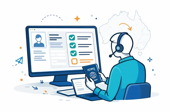 Flat vector illustration of online visa assistance workflow for Australia, faceless abstract support agent reviewing passport scan, digital application form and document checklist on a large monitor, subtle Australia map outline and minimal travel icons, Aid-Air deep blue and turquoise colors with warm ochre accent, modern tech feel, clean lines, calm organized safe atmosphere, white and soft grey minimalist background, semi-flat 2D illustration, not photorealistic