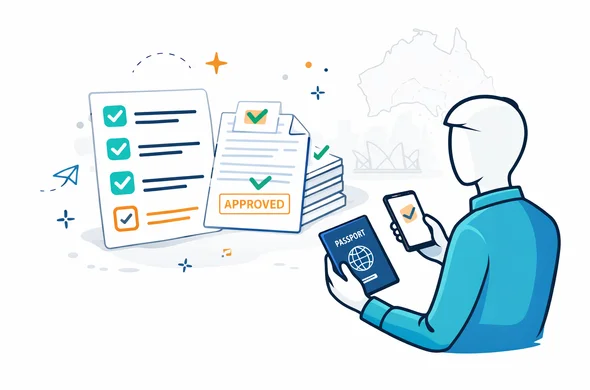 Semi-flat vector illustration showing final readiness before an Australian eVisitor application, faceless abstract traveler holding passport and phone next to a completed checklist and approved document stack, faint outline of Sydney skyline and minimal Australia travel motif, deep blue and turquoise Aid-Air palette with warm coral-gold accent, clean modern lines, calm organized efficient and safe atmosphere, minimalist white and grey background, 2D tech illustration, not photorealistic