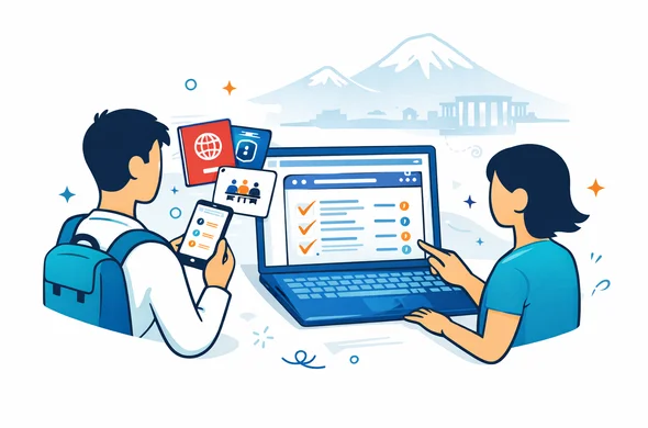 Flat or semi-flat vector illustration, clean lines, modern tech feel, 2D digital eligibility check scene for Armenia entry. Abstract faceless traveler and support specialist review an official visa eligibility screen on laptop and phone, with passport, ordinary passport icon, business meeting card, and verification checklist. Deep blue and turquoise primary palette with Armenia accent colors red, blue, and warm orange. Calm, organized, efficient, safe atmosphere. Minimal white and grey background with a faint Mount Ararat outline and subtle official portal interface elements. No text, no logos, not photorealistic.