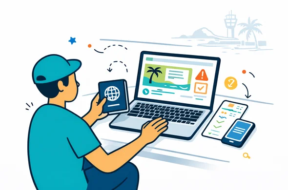 Flat or semi-flat vector illustration, clean lines, modern tech feel, isometric airport preflight check scene, abstract faceless traveler reviewing Seychelles official entry approval on a laptop with passport, phone, boarding pass and warning checklist icons, deep blue and turquoise primary palette with Seychelles accent colors coral, sea green and warm yellow, calm organized efficient safe atmosphere, minimalist white and light grey background with faint airport and tropical island silhouette, no text, no logos, not photorealistic