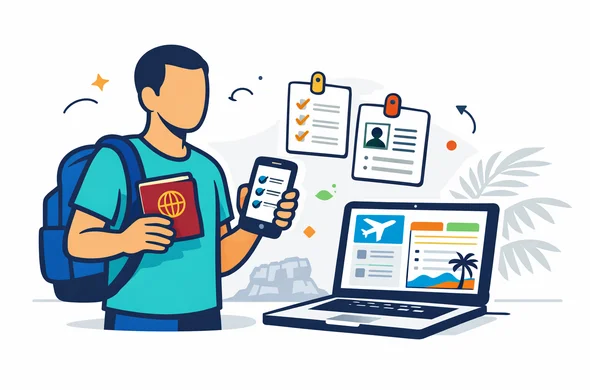 Flat or semi-flat vector illustration, clean lines, modern tech feel, 2D or light isometric scene of an abstract faceless traveler with neutral skin tones and no distinct facial features preparing for a Sri Lanka visa or ETA application, holding passport and phone with checklist cards, laptop showing organized travel details, calm safe efficient atmosphere, primary colors deep blue and turquoise, Sri Lanka accent colors maroon and gold with subtle green and orange details, minimalist white and light grey background with a faint silhouette of Sigiriya Rock Fortress and palm leaves, no text, no logos, not photorealistic