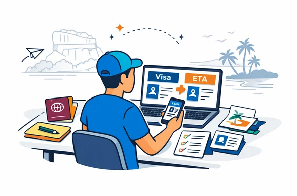 Flat or semi flat vector illustration, clean lines, modern tech feel, isometric 2D scene of an abstract faceless traveler sitting at a desk and comparing Sri Lanka visa and ETA information on a laptop and smartphone, passport, checklist cards, travel notes and document icons visible, calm organized efficient safe atmosphere, primary colors deep blue and turquoise, Sri Lanka accent colors maroon, saffron, green and gold, minimalist white and light grey background with a faint outline of a Sri Lankan landmark and tropical coastline, no text, no logos, not photorealistic Flat or semi flat vector illustration, clean lines, modern tech feel, isometric 2D scene of an abstract faceless traveler sitting at a desk and comparing Sri Lanka visa and ETA information on a laptop and smartphone, passport, checklist cards, travel notes and document icons visible, calm organized efficient safe atmosphere, primary colors deep blue and turquoise, Sri Lanka accent colors maroon, saffron, green and gold, minimalist white and light grey background with a faint outline of a Sri Lankan landmark and tropical coastline, no text, no logos, not photorealistic
