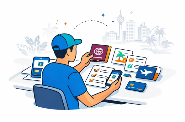 Flat or semi flat vector illustration, clean lines, modern tech feel, 2D organized document preparation scene with an abstract faceless traveler sorting passport, travel itinerary, accommodation card, payment card, digital files and checklist for Sri Lanka entry requirements, calm organized efficient safe atmosphere, primary colors deep blue and turquoise, Sri Lanka accent colors maroon, saffron, green and gold, minimalist white and pale grey background with a faint Colombo skyline and tropical leaf shapes, no text, no logos, not photorealistic Flat or semi flat vector illustration, clean lines, modern tech feel, 2D organized document preparation scene with an abstract faceless traveler sorting passport, travel itinerary, accommodation card, payment card, digital files and checklist for Sri Lanka entry requirements, calm organized efficient safe atmosphere, primary colors deep blue and turquoise, Sri Lanka accent colors maroon, saffron, green and gold, minimalist white and pale grey background with a faint Colombo skyline and tropical leaf shapes, no text, no logos, not photorealistic