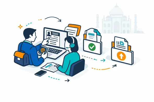 Flat or semi-flat vector illustration, clean lines, modern tech feel, isometric scene of a step-by-step India business eVisa support process, with abstract faceless characters reviewing forms on a laptop, checklist cards, passport, uploaded document icons, arrows showing progress, calm organized efficient safe atmosphere, deep blue and turquoise primary palette with saffron orange and green India accents, minimalist white and light grey background with a faint Taj Mahal outline, no text, no logos, not photorealistic
