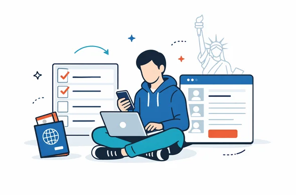 Flat or semi-flat vector illustration, modern tech style, clean lines, 2D/isometric mix. A calm faceless traveler sitting with laptop and smartphone, passport and digital form interface visible, organized checklist on screen, subtle outline of the Statue of Liberty in the background. Primary colors deep blue and turquoise, destination accent soft muted red, minimalist white and light grey background, safe efficient atmosphere, no photorealism.