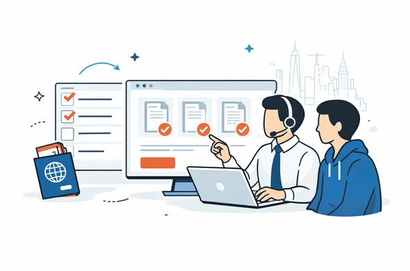 Flat vector illustration with clean modern lines, semi-flat 2D style. Faceless support agent and traveler reviewing digital documents together on a large screen, passport, checklist, document thumbnails and verification marks visible. Minimal white and grey office-tech background with subtle U.S. skyline outline, deep blue and turquoise palette with a muted red accent, calm organized secure atmosphere, not photorealistic.