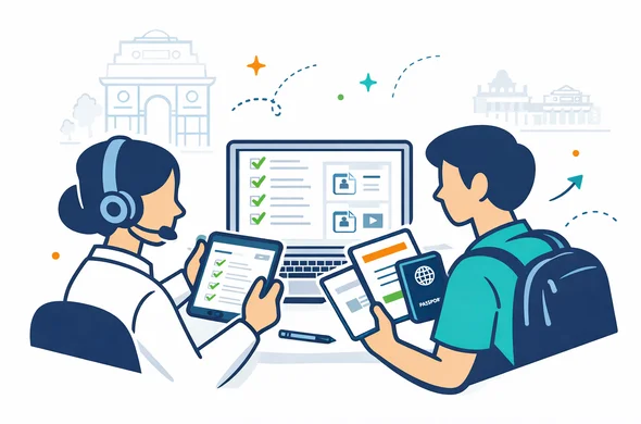 Flat or semi-flat vector illustration, clean lines, modern travel tech service style, 2D scene of an abstract faceless support specialist and traveler reviewing India conference visa documents, invitation letter, passport, checklist and uploaded files on laptop and tablet, deep blue and turquoise primary palette with saffron orange and green India accents, calm organized efficient safe atmosphere, minimalist white and grey background with a faint silhouette of a conference hall and India Gate, non photorealistic, no text, no logo
