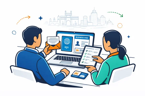 Flat or semi-flat vector illustration, clean lines, modern tech service style, isometric scene of two faceless abstract professionals reviewing India business visa documents, invitation letter, business card, passport and meeting schedule on a laptop and tablet, calm organized efficient atmosphere, deep blue and turquoise primary palette with saffron orange and India green accents, minimalist white and light grey background with a faint Mumbai skyline silhouette, no text, no logos, not photorealistic