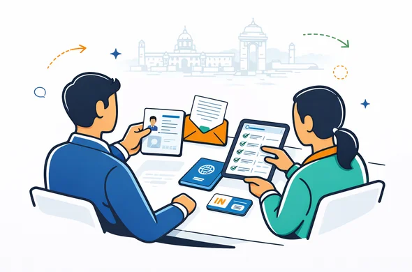 Flat or semi-flat vector illustration, clean lines, modern tech feel, 2D or slight isometric scene of a faceless traveler and support specialist checking passport copy, invitation letter, business card and digital checklist before an India business visa application, calm safe efficient atmosphere, deep blue and turquoise primary palette with saffron orange and India green accents, minimalist white and light grey background with a faint outline of New Delhi government buildings, no text, no logos, not photorealistic