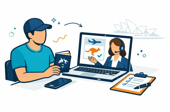 Flat or semi-flat vector illustration, clean lines, modern travel tech feel, isometric 2D scene of a faceless traveler and a remote visa support specialist reviewing an Australia visitor visa application on a laptop, passport, smartphone and checklist on desk, deep blue and turquoise primary palette with eucalyptus green and warm ochre Australia accents, calm organized safe atmosphere, minimalist white and light grey background with a faint Sydney Opera House outline, no text, no logos, no watermark, not photorealistic