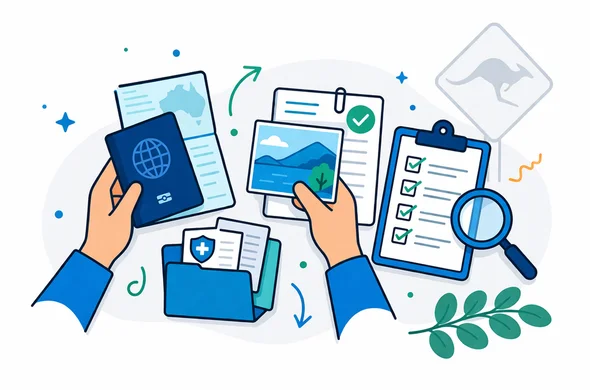Flat or semi-flat vector illustration, clean lines, modern tech service style, 2D scene of abstract faceless hands organizing passport scans, support documents, digital forms and a document checklist for an Australia Visitor visa service, deep blue and turquoise brand colors with eucalyptus green accent, calm efficient atmosphere, minimalist white and grey background with a faint Australia road sign silhouette, no text, no logos, no watermark, not photorealistic