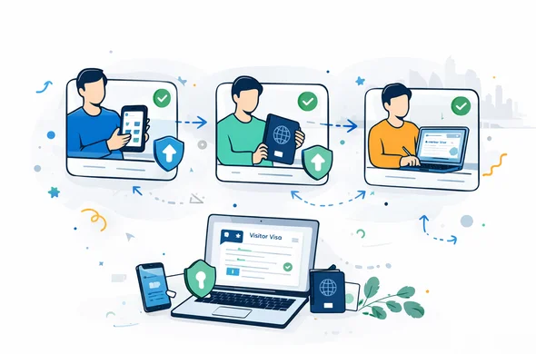 Flat or semi-flat vector illustration, clean lines, modern onboarding flow style, isometric scene of step by step online Australia visitor visa preparation with abstract faceless characters, progress cards, secure upload icons, laptop, passport and phone, deep blue and turquoise palette with warm sand and green Australia accents, calm organized trustworthy atmosphere, minimalist white and grey background with a faint Sydney skyline outline, no text, no logos, no watermark, not photorealistic