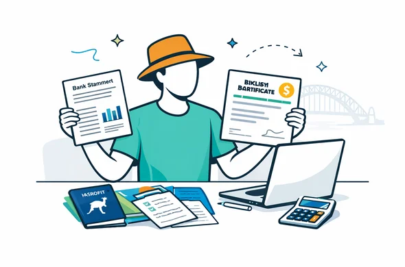Flat or semi flat vector illustration, clean lines, modern tech feel, 2D scene of an abstract faceless traveler organizing financial proof for an Australia Visitor 600 application, bank statement pages, English balance certificate, passport and calculator beside a laptop, deep blue and turquoise primary palette with eucalyptus green and warm gold accents, calm organized efficient safe atmosphere, minimalist white and light grey background with a faint outline of the Sydney Harbour Bridge, no text, no logos, not photorealistic