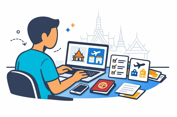 Flat or semi-flat vector illustration, clean lines, modern tech feel, 2D or slight isometric scene of an abstract faceless traveler reviewing Thailand tourist visa options on a laptop, with passport, checklist cards, booking papers and a smartphone on a desk. Deep blue and turquoise primary palette with Thailand-inspired accent colors such as warm gold, saffron and temple red. Calm, organized, efficient, safe atmosphere. Minimalist white and light grey background with a faint outline of Bangkok temple rooftops. No text, no logos, not photorealistic.