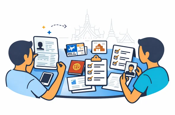 Flat or semi-flat vector illustration, clean lines, modern tech feel, 2D scene of abstract faceless characters organizing Thailand tourist visa documents: passport biodata page, passport photo, flight booking, hotel reservation, bank statements and a tidy checklist on a desk. Deep blue and turquoise primary palette with Thai accent colors of gold and warm red. Calm, organized, efficient, safe mood. Minimalist white and grey background with a faint silhouette of Bangkok skyline or temple spires. No text, no logos, not photorealistic.