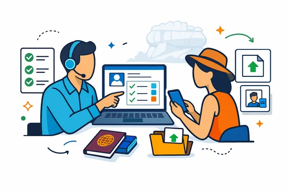 Flat or semi-flat vector illustration, clean lines, modern tech feel, isometric travel-service scene. Abstract faceless traveler and support specialist reviewing a Sri Lanka tourist eVisa application on a laptop and phone, passport, checklist panels, uploaded document icons, calm organized efficient safe atmosphere. Deep blue and turquoise primary palette with Sri Lanka-inspired maroon, saffron, and green accent details. Minimal white and light grey background with a faint silhouette of Sigiriya Rock Fortress. No photorealism, no text, no logos, no detailed facial features.