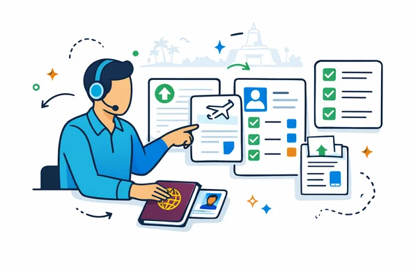 Flat or semi-flat vector illustration, clean lines, modern tech feel, 2D document-review scene. Abstract faceless support specialist organizing passport scan, travel confirmation, checklist, and digital form fields for a Sri Lanka tourist ETA application, with file upload icons and approval markers. Deep blue and turquoise primary colors with Sri Lanka-inspired maroon, saffron, and green accents. Calm, organized, efficient, safe atmosphere. Minimal white and grey background with a faint outline of a Sri Lankan temple or palm coastline silhouette. No photorealism, no text, no logos, no detailed facial features.