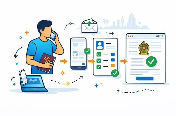 Flat or semi-flat vector illustration, clean lines, modern tech feel, isometric online application workflow. Abstract faceless traveler moving through clear stages: contact, document check, form completion, official ETA submission for Sri Lanka. Smartphone, laptop, checklist arrows, passport, and safe approval-style icons. Deep blue and turquoise palette with Sri Lanka-inspired maroon, saffron, and green highlights. Minimal white and light grey background with a faint Colombo skyline or tropical palm silhouette. Calm organized efficient safe atmosphere. No photorealism, no text, no logos, no detailed facial features.