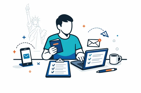 Flat or semi-flat vector illustration, clean lines, modern tech feel, 2D or light isometric scene of an abstract faceless traveler preparing an ESTA application with passport, laptop, smartphone, checklist, and email notes on a tidy desk. Deep blue and turquoise primary palette with subtle muted red accent inspired by the United States. Calm, organized, efficient, safe atmosphere. Minimalist white and light grey background with a faint outline of the Statue of Liberty. No text, no logos, not photorealistic. Flat or semi-flat vector illustration, clean lines, modern tech feel, 2D or light isometric scene of an abstract faceless traveler preparing an ESTA application with passport, laptop, smartphone, checklist, and email notes on a tidy desk. Deep blue and turquoise primary palette with subtle muted red accent inspired by the United States. Calm, organized, efficient, safe atmosphere. Minimalist white and light grey background with a faint outline of the Statue of Liberty. No text, no logos, not photorealistic.