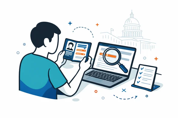 Flat or semi-flat vector illustration, clean lines, modern tech feel, isometric or 2D scene of an abstract faceless traveler carefully comparing passport details with an ESTA form on a laptop screen, with highlighted fields, magnifying glass, and checklist. Deep blue and turquoise primary palette with subtle muted red United States accent. Calm, organized, efficient, safe atmosphere. Minimalist white and light grey background with a faint outline of the U.S. Capitol. No text, no logos, not photorealistic. Flat or semi-flat vector illustration, clean lines, modern tech feel, isometric or 2D scene of an abstract faceless traveler carefully comparing passport details with an ESTA form on a laptop screen, with highlighted fields, magnifying glass, and checklist. Deep blue and turquoise primary palette with subtle muted red United States accent. Calm, organized, efficient, safe atmosphere. Minimalist white and light grey background with a faint outline of the U.S. Capitol. No text, no logos, not photorealistic.