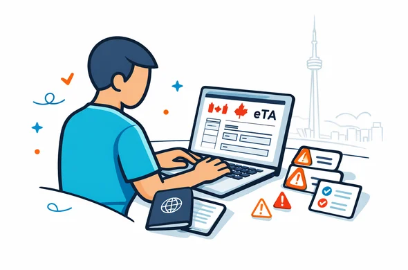 Flat or semi flat vector illustration, clean lines, modern tech feel, 2D scene of an abstract traveler filling out an online Canada eTA form on a laptop, passport open beside the keyboard, checklist cards and small warning icons for careful data entry, faceless neutral character, deep blue and turquoise primary palette with maple red accent, calm efficient atmosphere, minimalist white and grey background with a faint CN Tower silhouette, no text, no logos, not photorealistic