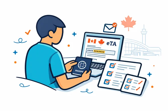 Flat or semi flat vector illustration, clean lines, modern tech feel, 2D scene of a traveler doing a final review before submitting a Canada eTA application, passport number highlighted, email confirmation, checklist with careful validation marks, abstract faceless character, deep blue and turquoise primary palette with maple red accent, calm organized trustworthy atmosphere, minimalist white and grey background with a faint maple leaf and airport terminal outline, no text, no logos, not photorealistic