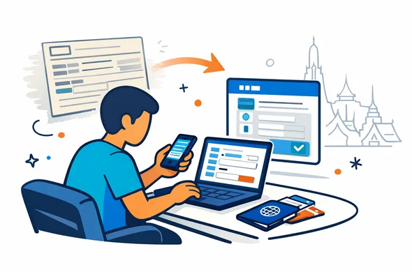 Flat or semi-flat vector illustration, clean lines, modern tech feel, isometric 2D scene of an abstract faceless traveler in an airport lounge checking Thailand entry form details on a smartphone and laptop, old paper arrival card icon fading into a digital TDAC interface, passport and boarding pass on the table, deep blue and turquoise primary palette with warm gold and subtle coral Thai-inspired accents, calm organized efficient safe atmosphere, minimalist white and light grey background with a faint outline of Bangkok temple rooftops, no text, no logos, not photorealistic Flat or semi-flat vector illustration, clean lines, modern tech feel, isometric 2D scene of an abstract faceless traveler in an airport lounge checking Thailand entry form details on a smartphone and laptop, old paper arrival card icon fading into a digital TDAC interface, passport and boarding pass on the table, deep blue and turquoise primary palette with warm gold and subtle coral Thai-inspired accents, calm organized efficient safe atmosphere, minimalist white and light grey background with a faint outline of Bangkok temple rooftops, no text, no logos, not photorealistic