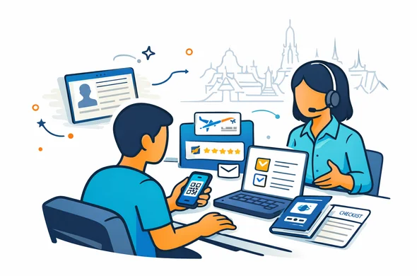Flat or semi-flat vector illustration, clean lines, modern tech feel, 2D scene of an abstract faceless travel support specialist helping a traveler prepare details for a Thailand arrival form, passport open to biodata page, phone with QR code placeholder, flight details, hotel booking, email icon and checklist cards arranged neatly on a desk, deep blue and turquoise brand palette with Thai warm gold accent, calm organized efficient safe atmosphere, minimalist white and light grey background with a faint silhouette of Bangkok skyline, no text, no logos, not photorealistic Flat or semi-flat vector illustration, clean lines, modern tech feel, 2D scene of an abstract faceless travel support specialist helping a traveler prepare details for a Thailand arrival form, passport open to biodata page, phone with QR code placeholder, flight details, hotel booking, email icon and checklist cards arranged neatly on a desk, deep blue and turquoise brand palette with Thai warm gold accent, calm organized efficient safe atmosphere, minimalist white and light grey background with a faint silhouette of Bangkok skyline, no text, no logos, not photorealistic
