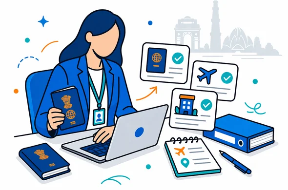 Flat or semi-flat vector illustration, clean lines, modern tech feel, 2D scene of a visa support specialist reviewing passport details, flight information and accommodation notes for an India e-Arrival submission on a laptop, deep blue and turquoise primary palette with saffron and teal accents inspired by India, calm organized efficient safe atmosphere, minimalist white and light grey background with faint Delhi skyline silhouette, abstract faceless characters, no text, no logos, not photorealistic Flat or semi-flat vector illustration, clean lines, modern tech feel, 2D scene of a visa support specialist reviewing passport details, flight information and accommodation notes for an India e-Arrival submission on a laptop, deep blue and turquoise primary palette with saffron and teal accents inspired by India, calm organized efficient safe atmosphere, minimalist white and light grey background with faint Delhi skyline silhouette, abstract faceless characters, no text, no logos, not photorealistic
