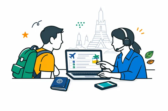 Flat or semi-flat vector illustration, clean lines, modern tech feel, isometric 2D scene of an abstract faceless traveler and a visa support specialist reviewing a Thailand Digital Arrival Card on a laptop, passport and phone on the desk, deep blue and turquoise primary palette with Thai accent colors of saffron gold and tropical green, calm organized efficient safe atmosphere, minimalist white and light grey background with a faint outline of Wat Arun in Bangkok, no text, no logos, not photorealistic Flat or semi-flat vector illustration, clean lines, modern tech feel, isometric 2D scene of an abstract faceless traveler and a visa support specialist reviewing a Thailand Digital Arrival Card on a laptop, passport and phone on the desk, deep blue and turquoise primary palette with Thai accent colors of saffron gold and tropical green, calm organized efficient safe atmosphere, minimalist white and light grey background with a faint outline of Wat Arun in Bangkok, no text, no logos, not photorealistic