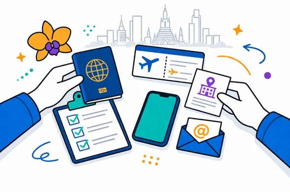 Flat or semi-flat vector illustration, clean lines, modern tech feel, 2D scene of abstract faceless hands arranging a passport, flight details, hotel address note, smartphone and email icon for a Thailand arrival card submission checklist, deep blue and turquoise primary palette with Thai accent colors of saffron gold and orchid purple, calm organized efficient safe atmosphere, minimalist white and light grey background with a faint outline of Bangkok skyline, no text, no logos, not photorealistic Flat or semi-flat vector illustration, clean lines, modern tech feel, 2D scene of abstract faceless hands arranging a passport, flight details, hotel address note, smartphone and email icon for a Thailand arrival card submission checklist, deep blue and turquoise primary palette with Thai accent colors of saffron gold and orchid purple, calm organized efficient safe atmosphere, minimalist white and light grey background with a faint outline of Bangkok skyline, no text, no logos, not photorealistic