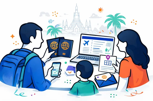 Flat or semi-flat vector illustration, clean lines, modern tech feel, isometric 2D scene of an abstract faceless family traveler group organizing Thailand arrival card details with passports, phone, laptop and travel notes, deep blue and turquoise primary palette with Thai accent colors of coral orange and palm green, calm organized efficient safe atmosphere, minimalist white and light grey background with a faint outline of a Thai temple and tropical travel elements, no text, no logos, not photorealistic Flat or semi-flat vector illustration, clean lines, modern tech feel, isometric 2D scene of an abstract faceless family traveler group organizing Thailand arrival card details with passports, phone, laptop and travel notes, deep blue and turquoise primary palette with Thai accent colors of coral orange and palm green, calm organized efficient safe atmosphere, minimalist white and light grey background with a faint outline of a Thai temple and tropical travel elements, no text, no logos, not photorealistic