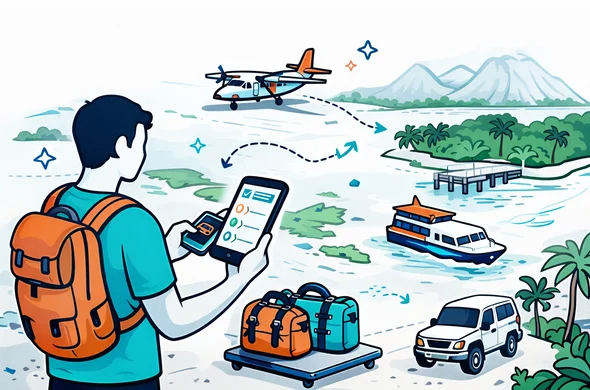 Flat or semi-flat vector illustration, clean lines, modern tech feel, isometric 2D scene of an abstract faceless traveler coordinating a multi-leg Papua New Guinea journey with a domestic plane, a ferry boat, a 4x4 vehicle, a phone showing itinerary, and waterproof bags. Deep blue and turquoise primary palette with tropical coral orange and rainforest green accents. Calm, organized, efficient, safe atmosphere. Minimalist white and light grey background with a faint outline of tropical islands, a dock, and distant volcanic mountains inspired by Papua New Guinea. No text, no logos, not photorealistic.