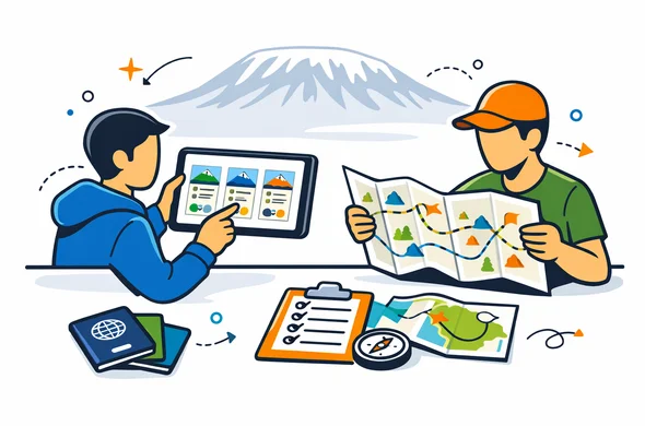 Flat or semi-flat vector illustration, modern travel planning dashboard comparing Kilimanjaro trekking routes, deep blue and turquoise primary palette with warm Tanzania accent colors like golden orange and earthy green, abstract faceless travelers reviewing route cards on a tablet and paper map, subtle silhouette of Mount Kilimanjaro in the background, clean lines, organized and safe atmosphere, 2D or light isometric, minimal white and light grey background, passports and planning documents visible, no photorealism
