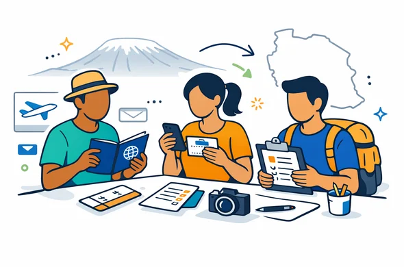 Flat semi-flat vector illustration, modern tech style, clean lines, isometric 2D composition. Abstract faceless travelers with neutral skin tones reviewing passport, phone, and travel documents on a clean desk. Visual cues for Tanzania such as a faint silhouette of Mount Kilimanjaro and an outline map of Tanzania in the background. Primary colors deep blue and turquoise, with warm safari-inspired accent colors like golden ochre and soft green. Calm, organized, efficient, safe atmosphere. Minimal white and light grey background, subtle interface panels and document icons, non-photorealistic.