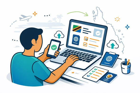 Flat or semi-flat vector illustration, clean modern tech feel, 2D isometric style. Abstract faceless person using a laptop and smartphone to complete an online Tanzania visa application, with passport, upload icons, checklist, and secure confirmation elements. Deep blue and turquoise brand palette with Tanzania accent colors inspired by ocean teal and warm sunset orange. Background minimalist white and light grey with a faint silhouette of Zanzibar coastline and travel icons. Calm, efficient, safe atmosphere, no photorealism.