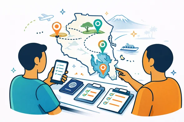 Flat semi-flat vector illustration, modern clean travel-tech design, isometric 2D. Abstract faceless travelers planning a Tanzania itinerary with map pins connecting mainland safari, Mount Kilimanjaro, and Zanzibar island. Include passport, phone, ferry and airplane icons, checklist cards, and document folder. Deep blue and turquoise primary palette with Tanzania-inspired accent colors such as savannah gold, coral orange, and tropical green. Minimal white and grey background with faint silhouettes of Kilimanjaro and palm trees. Calm, organized, safe, efficient mood. Not photorealistic.