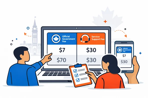 Clean flat vector illustration with modern travel tech feeling. A laptop and smartphone display a comparison table of prices for a Canada travel authorization. Abstract faceless characters analyze fee breakdowns, one points to an official government seal and another reviews a checklist. Deep blue and turquoise brand palette with Canada red accents. Minimal white and grey background with a faint Parliament Hill and maple leaf outline. Calm, organized, safe mood. Isometric or semi flat style, not photorealistic.