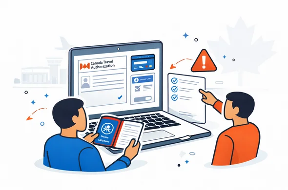 Flat vector illustration, clean line art, semi flat isometric style. An abstract faceless traveler reviews passport details, payment information, and an online Canada travel authorization form before submission. Another character points to a warning icon and a checklist. Deep blue and turquoise dominate, with red accents inspired by Canada. Minimal white and light grey background with a subtle maple leaf pattern and airport terminal silhouette. Calm, efficient, trustworthy atmosphere, not photorealistic.