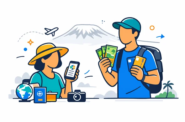 Flat semi flat vector illustration, clean lines, modern tech travel scene, faceless abstract travelers planning payments for a Tanzania trip, one holding a phone with budget app, one holding bank cards and local cash, deep blue and turquoise primary palette with warm gold and green accent inspired by Tanzania, minimalist white and light grey background, subtle outline of Mount Kilimanjaro in the distance, calm organized safe atmosphere, isometric 2D style, no photorealism Flat semi flat vector illustration, clean lines, modern tech travel scene, faceless abstract travelers planning payments for a Tanzania trip, one holding a phone with budget app, one holding bank cards and local cash, deep blue and turquoise primary palette with warm gold and green accent inspired by Tanzania, minimalist white and light grey background, subtle outline of Mount Kilimanjaro in the distance, calm organized safe atmosphere, isometric 2D style, no photorealism