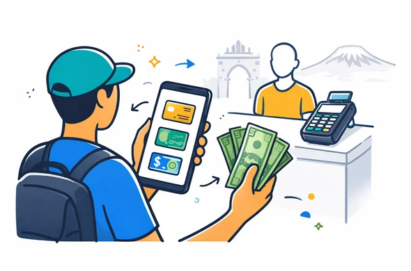 Flat semi flat vector illustration, modern fintech travel composition, faceless abstract traveler comparing card payment, local cash, and backup dollars on a mobile screen, merchant counter with simple payment terminal, deep blue and turquoise primary palette with Tanzania inspired green and gold accents, minimalist white grey background, faint silhouette of Stone Town arch and Mount Kilimanjaro outline, calm organized efficient safe atmosphere, clean 2D isometric style, no photorealism Flat semi flat vector illustration, modern fintech travel composition, faceless abstract traveler comparing card payment, local cash, and backup dollars on a mobile screen, merchant counter with simple payment terminal, deep blue and turquoise primary palette with Tanzania inspired green and gold accents, minimalist white grey background, faint silhouette of Stone Town arch and Mount Kilimanjaro outline, calm organized efficient safe atmosphere, clean 2D isometric style, no photorealism