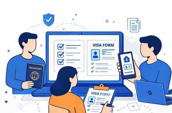 Flat or semi-flat vector illustration, clean lines, modern tech feel, 2D scene in deep blue and turquoise with warm orange accent, abstract faceless characters comparing passport details, visa forms, uploaded files and checklist items on laptop and mobile screens, calm efficient safe atmosphere, minimalist white and grey background, subtle shield and document icons, no photorealism, no detailed facial features